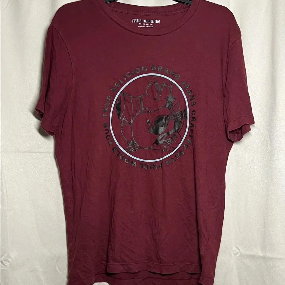 True Religion Men’s Buddha‎ Guitar Logo Burgundy Maroon Short Sleeve Shirt Small
